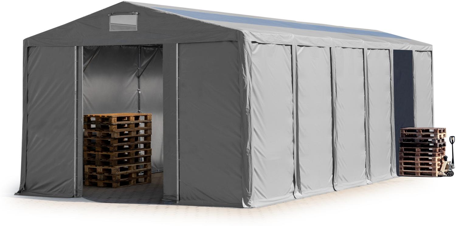 Lagerzelt 8x12 m Zelthalle Industriezelt mit Oberlicht 4m Seitenhöhe PVC Plane 850 N grau 100% wasserdicht mit Schiebetor Bild 1