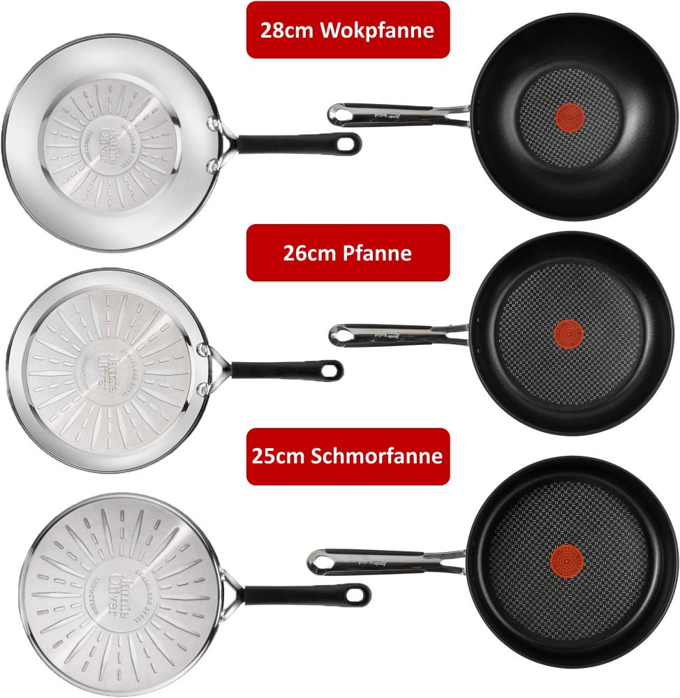 Tefal E30 - Set 15 | Jamie Oliver Pfannenset | 6 teilig | 20 cm + 28 cm + Schmorpfanne 25 cm mit Deckel + Pfannenschoner und Wender Bild 1