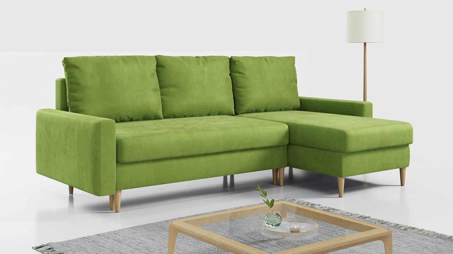 Ecksofa - L-Form Sofa Mit Schlaffunktion - Wohnlandschaft - Wohnzimmer L Couch - Polstersofa mit Bettkasten - Hellgrün LANG Bild 1