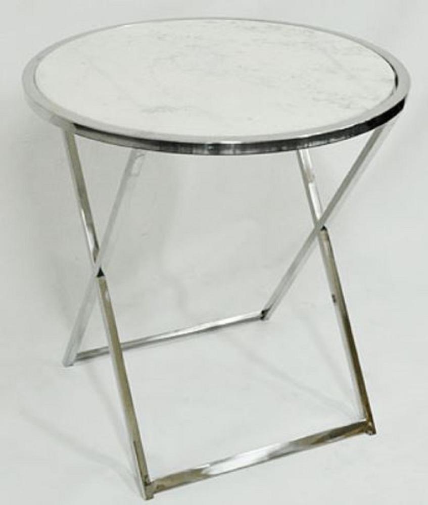 Casa Padrino Luxus Beistelltisch Silber / Weiß Ø 75 x H. 76 cm - Runder Edelstahl Tisch mit Marmorplatte Bild 1