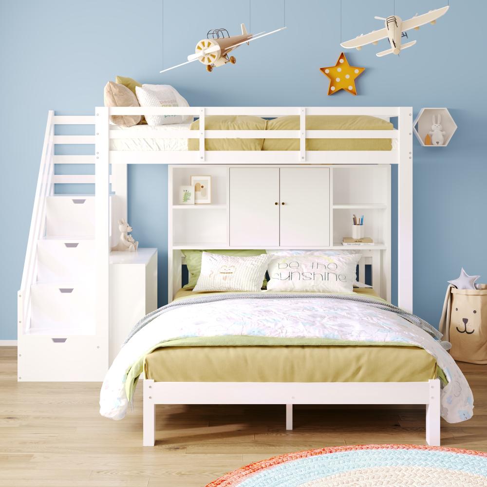 Merax Etagenbett mit Lagerregal, 90*200cm+140*200cm, Multifunktionales Kinderbett, Kinderetagenbett, Mit Aufbewahrungstreppe und Beweglicher Beistelltisch, Großer Stauraum, Ohne Matratze, Massivholz+MDF, Weiß Bild 1