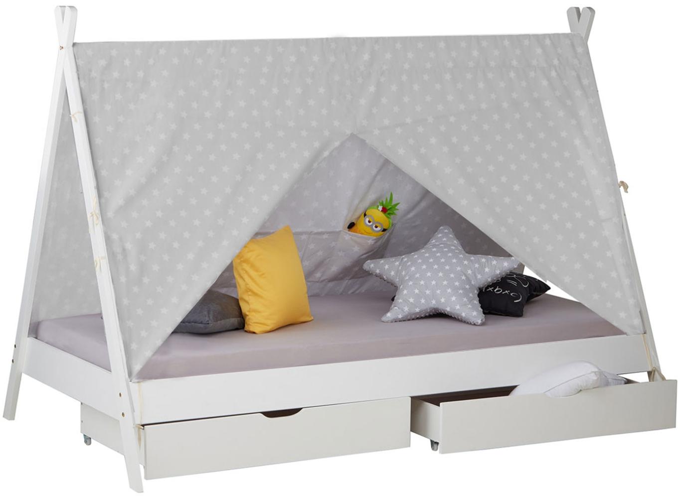 Homestyle4u 'TIPI' Kinderbett, weiß/grau, 90x200 cm, inkl. 2 Bettkästen, Lattenrost und Stoffüberwurf, Kiefernholz Bild 1