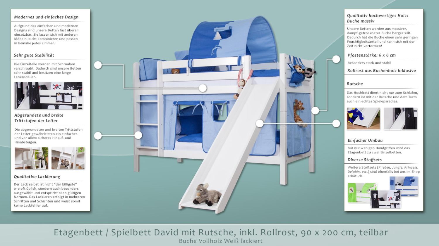 Etagenbett/Spielbett David Buche massiv weiß lackiert mit Rutsche, inkl. Rollrost - 90 x 200 cm, teilbar Bild 1