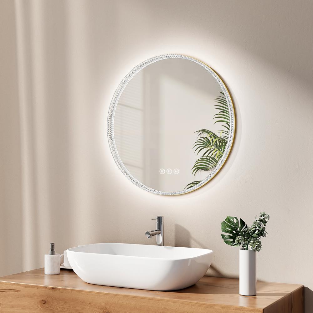 EMKE LED Badspiegel mit Beleuchtung Touch 3 Lichtfarben Beschlagfrei Acryl Gold Rand ф60 cm Badezimmerspiegel Bild 1
