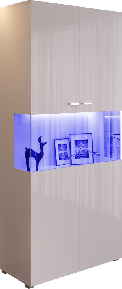 Domando Standvitrine Mondello M2 Modern für Wohnzimmer Breite 80cm, Hochglanz, LED Beleuchtung in blau, Chromgriffe in Weiß Matt und Weiß Hochglanz Bild 1