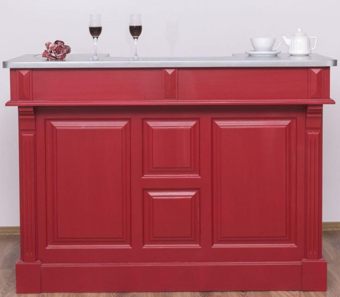 Casa Padrino Landhausstil Theke Rot / Silber 150 x 65 x H. 107 cm - Massivholz Thekentisch mit verzinkter Tischplatte - Barmöbel im Landhausstil Bild 1