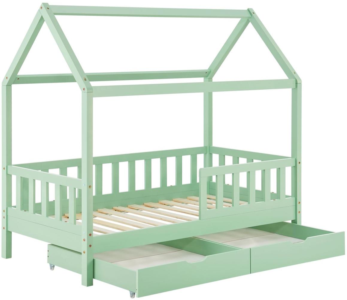 Juskys Kinderbett Marli 80 x 160 cm mit Bettkasten 2-teilig, Rausfallschutz, Lattenrost & Dach - Massivholz Hausbett für Kinder - Bett in Mint Bild 1