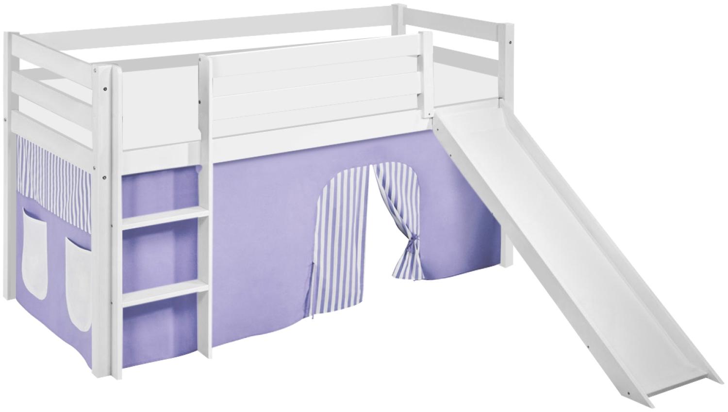 Lilokids 'Jelle' Spielbett 90 x 190 cm, Lila Beige, Kiefer massiv, mit Rutsche und Vorhang Bild 1