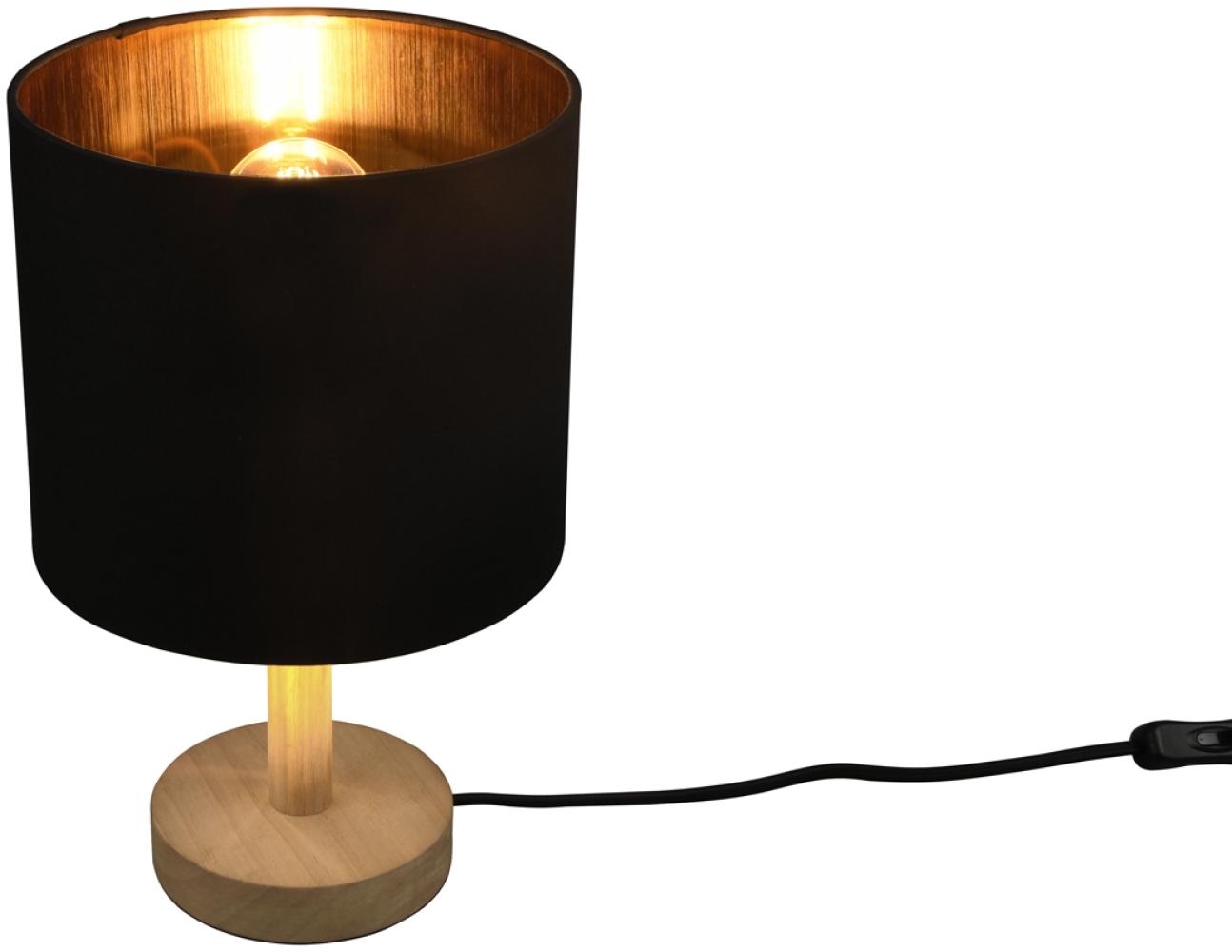 Tischleuchte Stoff Lampenschirm Schwarz/Gold & Holz Fuß Ø 20cm Bild 1