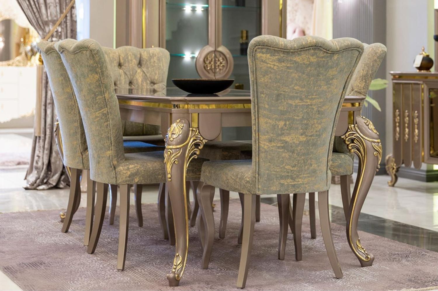 Casa Padrino Luxus Barock Esszimmer Set Grün / Gold / Grau - 1 Esstisch & 6 Esszimmerstühle - Prunkvolle Esszimmermöbel im Barockstil - Luxus Qualität Bild 1
