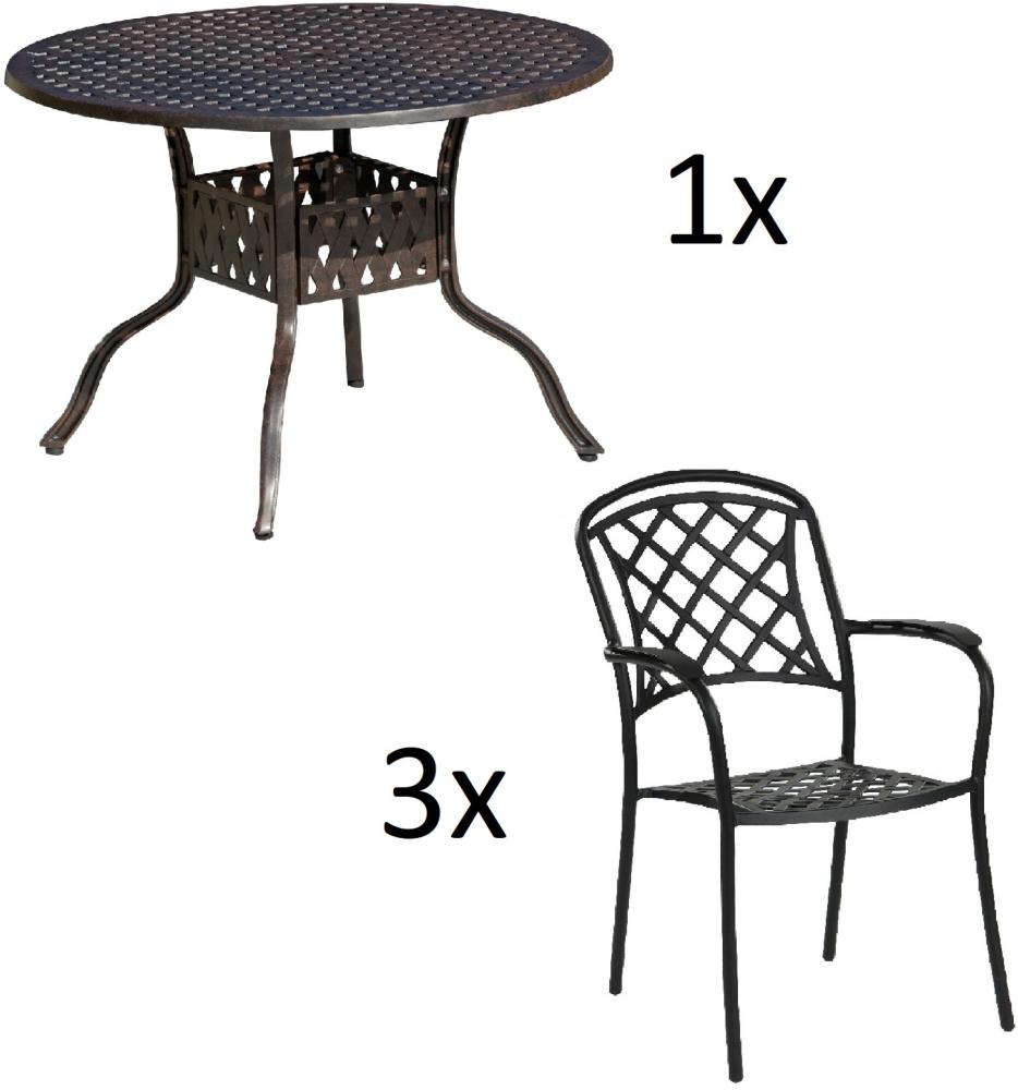 Inko 4-teilige Sitzgruppe Aluminium Guss bronze Tisch Ø 106 cm mit 3 Sesseln Tisch Ø106 cm mit 3x Sessel Capri Bild 1