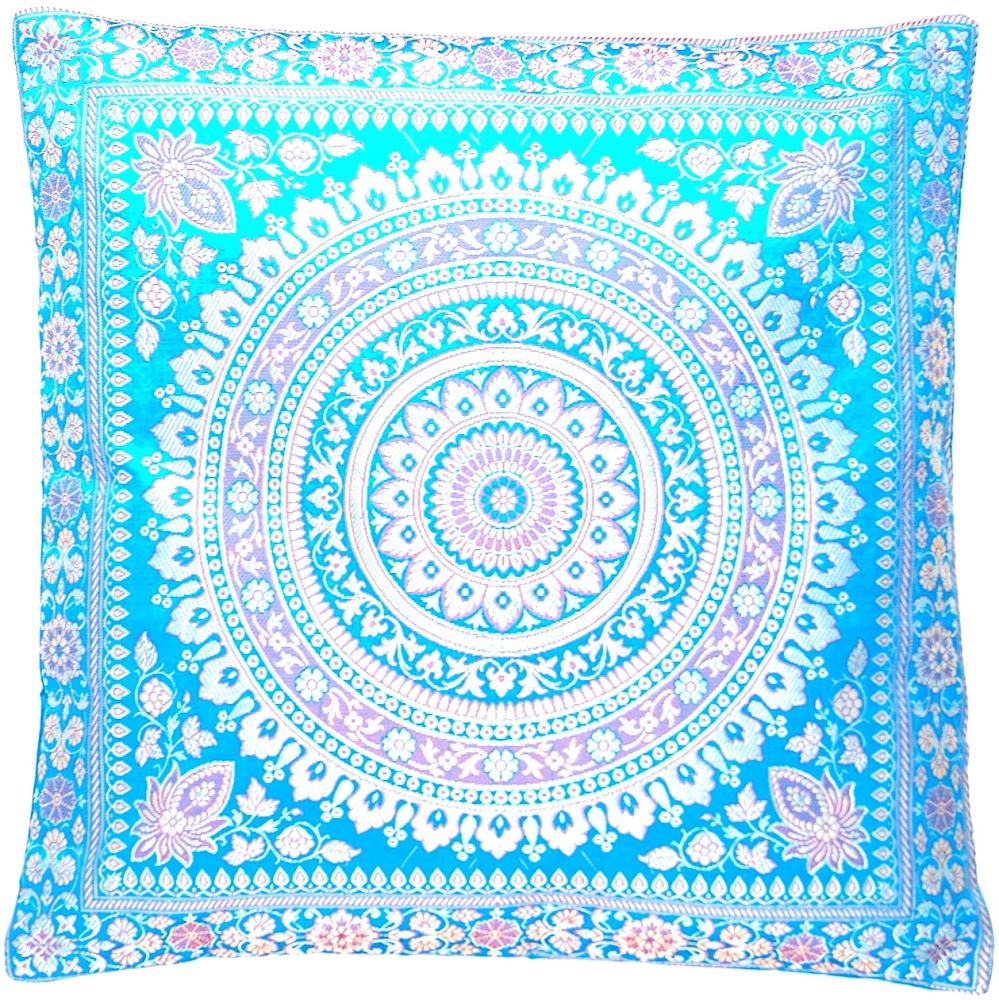 Handgewebt und Handgefertigt Indische Banarasi Seide Kissenbezug, Dekokissen - Mandala Muster mit unsichtbarer Reißverschluss - 40 x 40 cm | 16 x 16 Zoll, Blau Bild 1