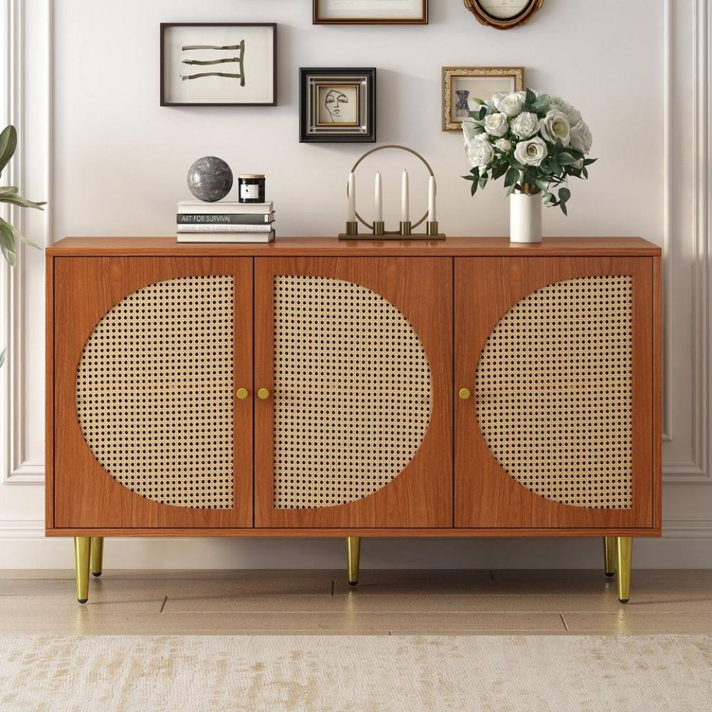 Merax Sideboard im Vintage-Stil mit 6 Fächern, Kommode mit 3 Rattan-Türen und Metallbeine, Breite 130cm Bild 1