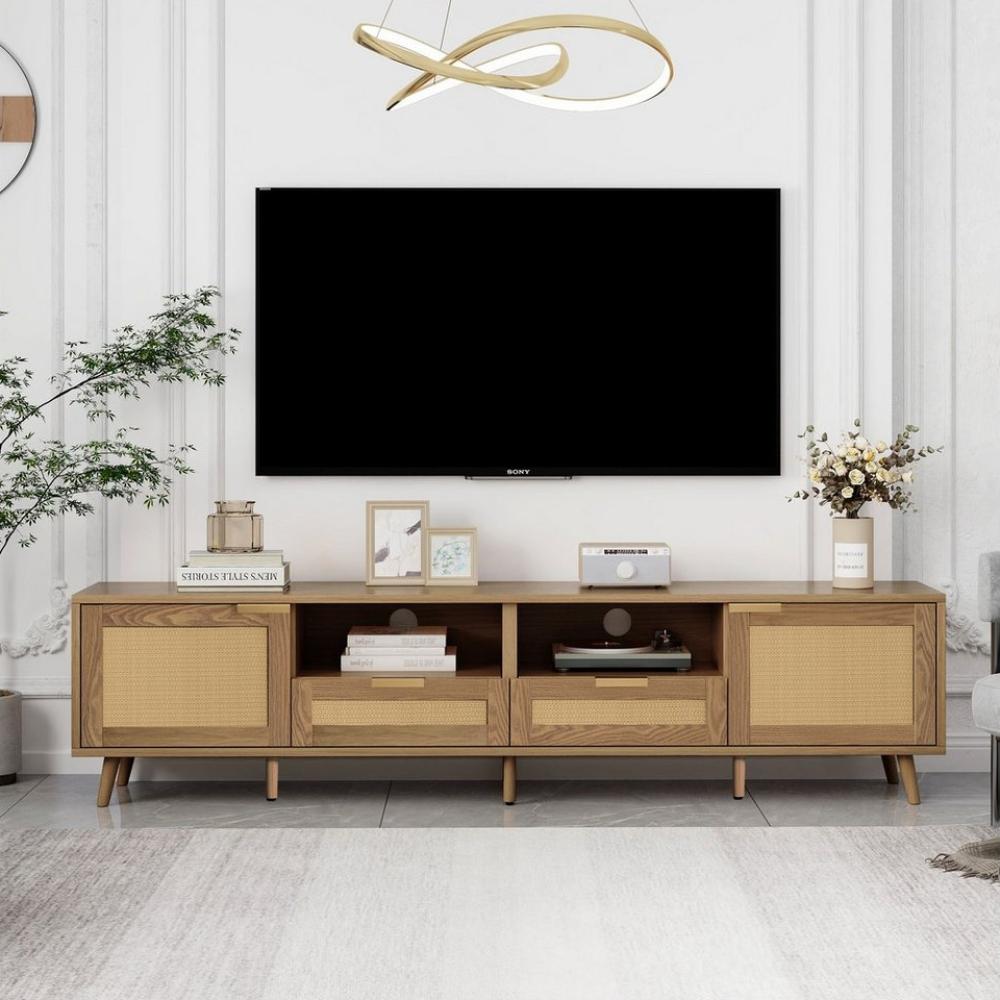 Merax Lowboard Holz mit 2 Schubladen und 2 Türen, Fernsehtisch mit Rattangeflecht Design, TV-Board Bild 1