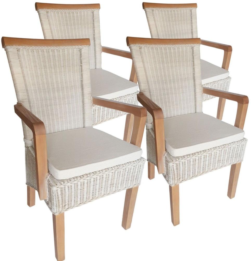 Esszimmer Stühle Set mit Armlehnen 4 Stück Rattanstühle Stuhl weiß Perth Sessel nachhaltig mit Sitzkissen Leinen weiss Bild 1