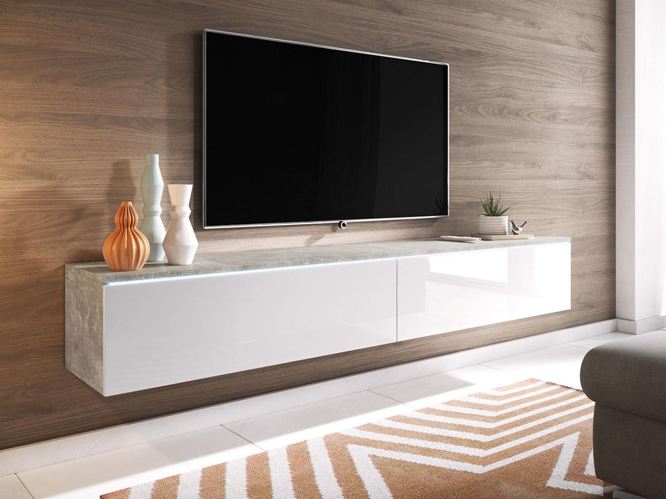 TV-Lowboard Stone 180, mit weißer LED Beleuchtung, Farbe: Beton / Weiß Hochglanz Bild 1