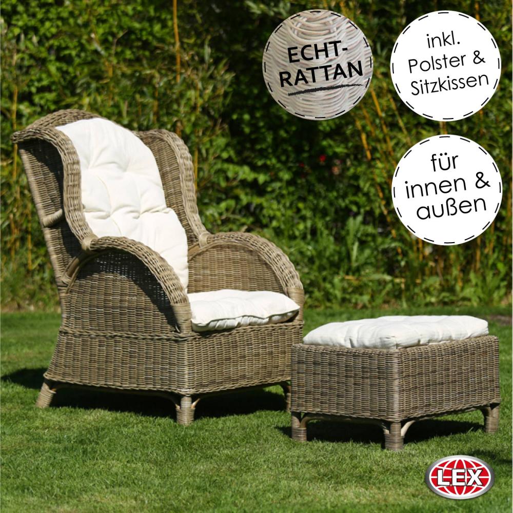 Relax Rattan Ohrensessel Hocker Polster In & Outdoor Gartensessel Kaminsessel Bild 1