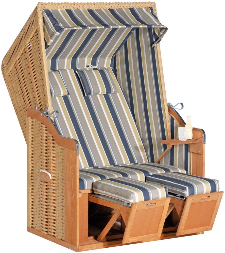 SunnySmart Garten-Strandkorb Rustikal 50 PLUS 2-Sitzer beige/blau mit Kissen Bild 1