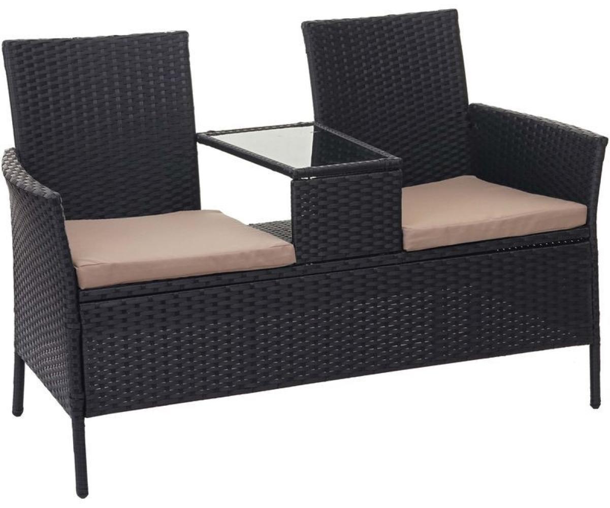 HHG Poly-Rattan Sitzbank mit Tisch HHG-243, Gartenbank Sitzgruppe Gartensofa, 132cm schwarz, Kissen creme Bild 1