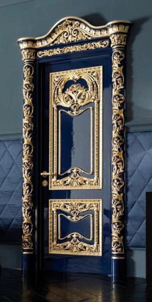 Casa Padrino Luxus Barock Wohnungstür Royal Blau / Gold - Prunkvolle Massivholz Tür mit Rahmen - Luxus Möbel im Barockstil - Barock Möbel - Hotel Möbel - Barock Einrichtung - Edel & Prunkvoll Bild 1