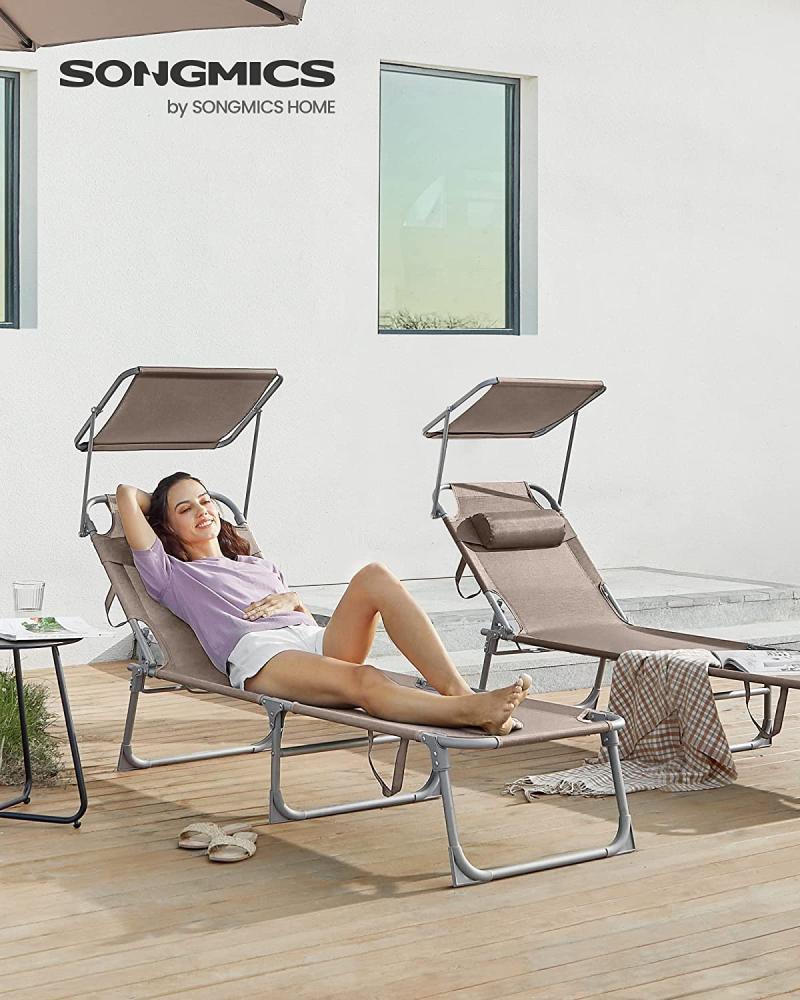 Sonnenliege, klappbarer Liegestuhl, 193 x 53 x 29 cm, max. Belastbarkeit 150 kg, mit Sonnenschutz, Kopfstütze und Verstellbarer Rückenlehne, für Garten, Pool, Terrasse, Taupe GCB192K01 Bild 1