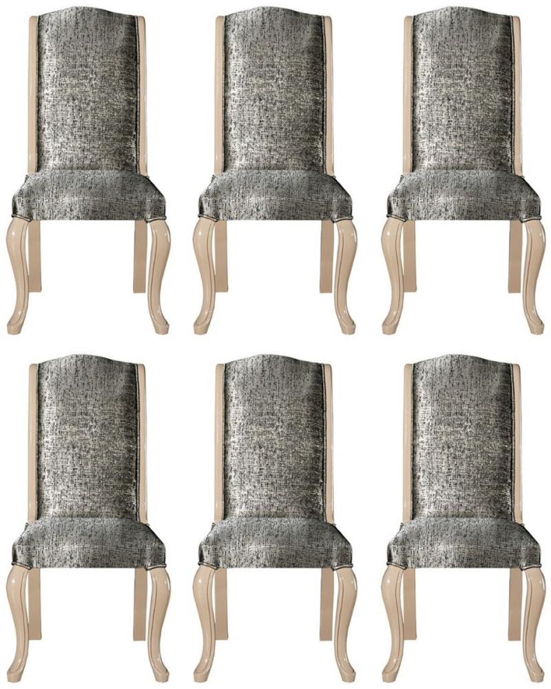 Casa Padrino Luxus Art Deco Esszimmerstuhl Set Silber / Schwarz / Beige - Handgefertigtes Küchen Stühle 6er Set - Art Deco Esszimmer Möbel Bild 1