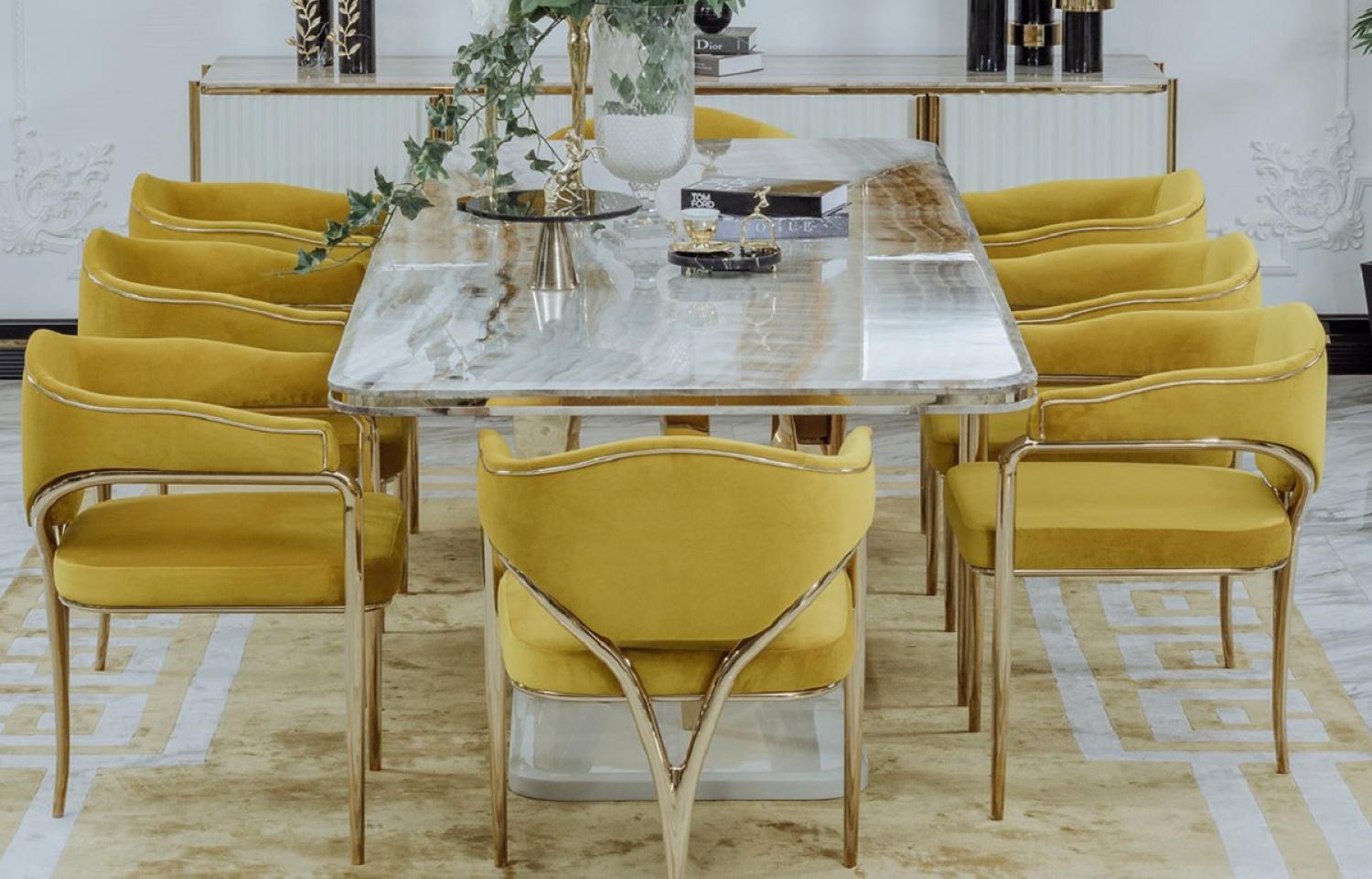Casa Padrino Luxus Esszimmer Stuhl Set mit Armlehnen Gelb / Gold 60 x 59,8 x H. 80 cm - Küchen Stühle 8er Set - Esszimmer Möbel - Restaurant Möbel - Luxus Möbel - Luxus Einrichtung Bild 1