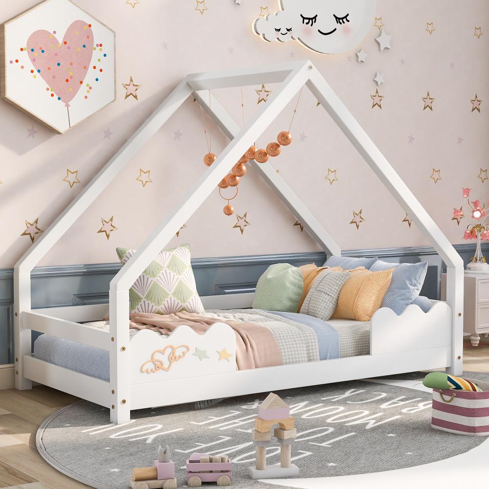 Merax Hausbett Kinderbett 90x200cm mit Rausfallschutz Spielbett Jugendbett Massivholz in Weiß Bild 1