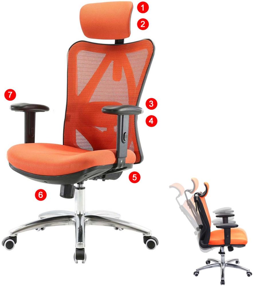 SIHOO Bürostuhl Schreibtischstuhl, ergonomisch, verstellbare Lordosenstütze, 150kg belastbar ~ ohne Fußstütze, orange Bild 1