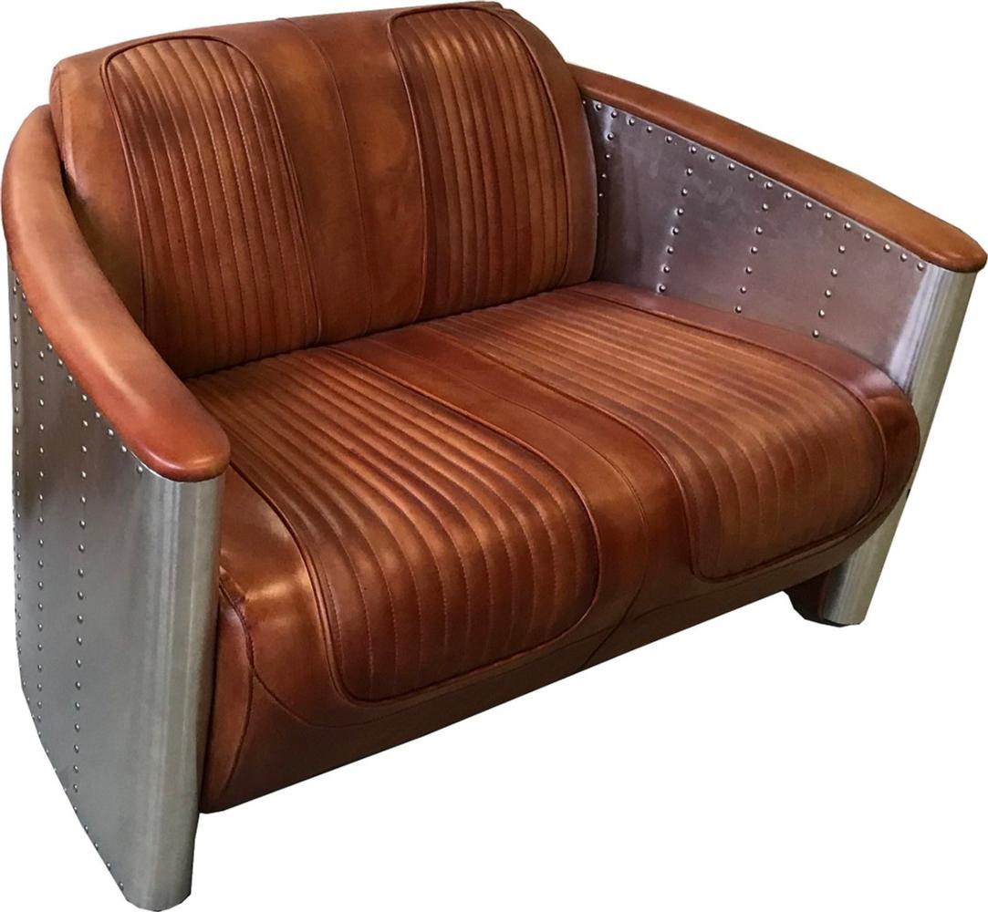 Casa Padrino Luxus Art Deco Leder Sofa 122 x 70 x H. 82 cm - Verschiedene Farben - Aluminium Wohnzimmer Sofa mit Echtleder - Aluminium Flugzeug Flieger Sofa Möbel Bild 1