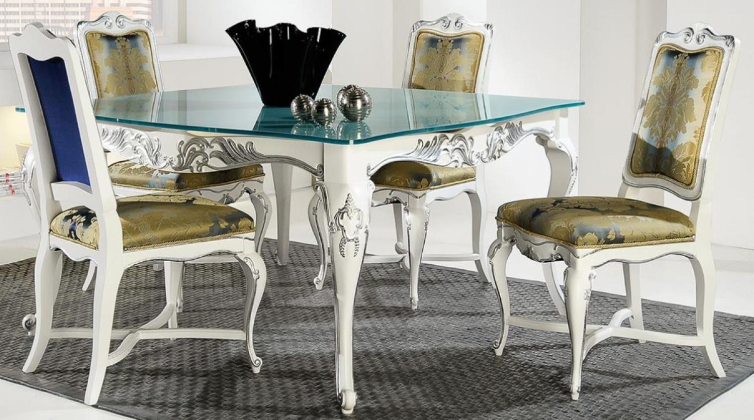 Casa Padrino Luxus Barock Esszimmer Set Gold / Weiß / Silber - Verschiedene Tischgrößen - 1 Esstisch mit Glasplatte & 4 Esszimmerstühle - Edle Barock Esszimmer Möbel Bild 1