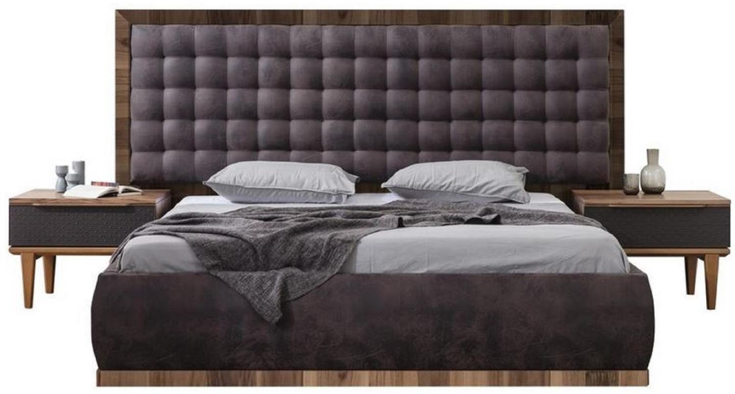 Casa Padrino Luxus Massivholz Schlafzimmer Set Grau / Braun - 1 Doppelbett mit Kopfteil & 2 Nachttische - Luxus Schlafzimmer Möbel Bild 1