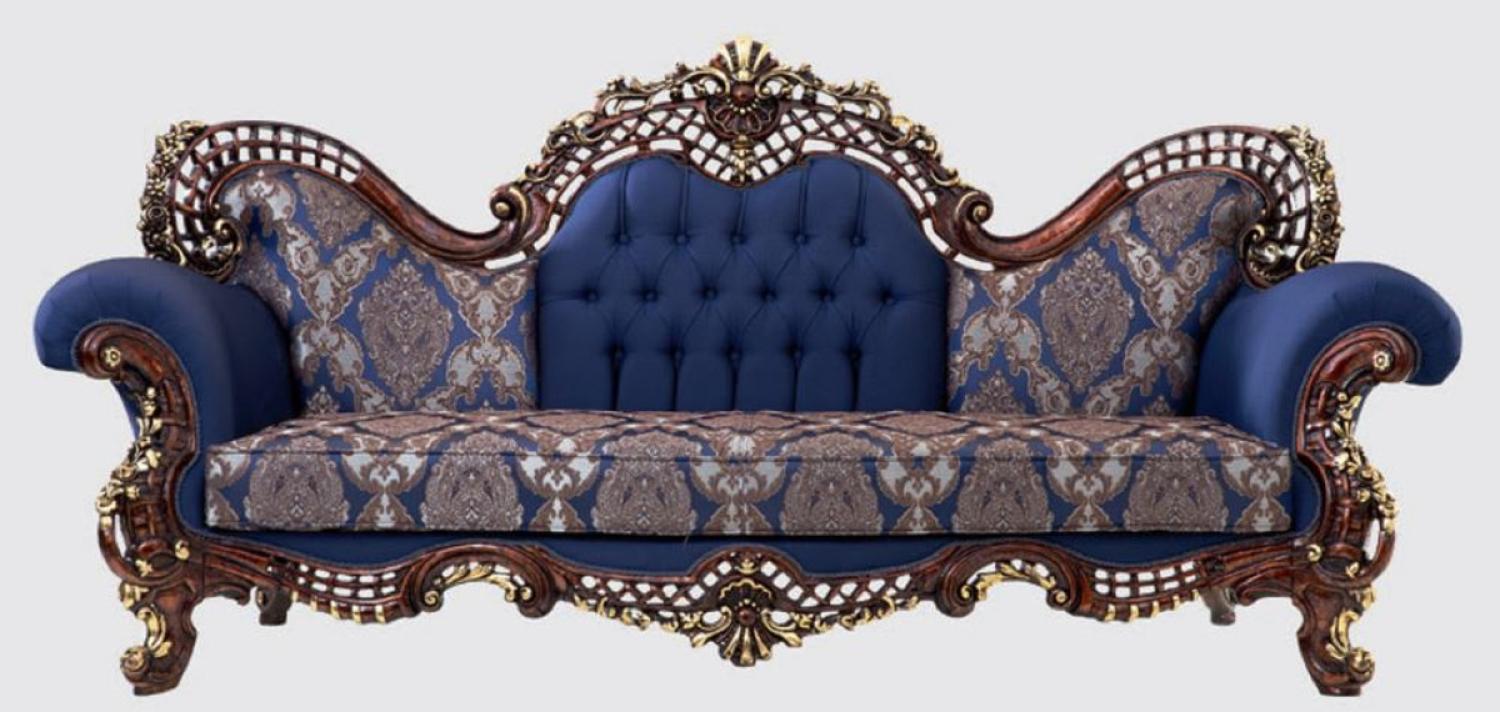 Casa Padrino Luxus Barock Sofa Blau / Dunkelbraun / Gold 270 x 100 x H. 122 cm - Prunkvolles Wohnzimmer Sofa mit elegantem Muster - Möbel im Barockstil Bild 1