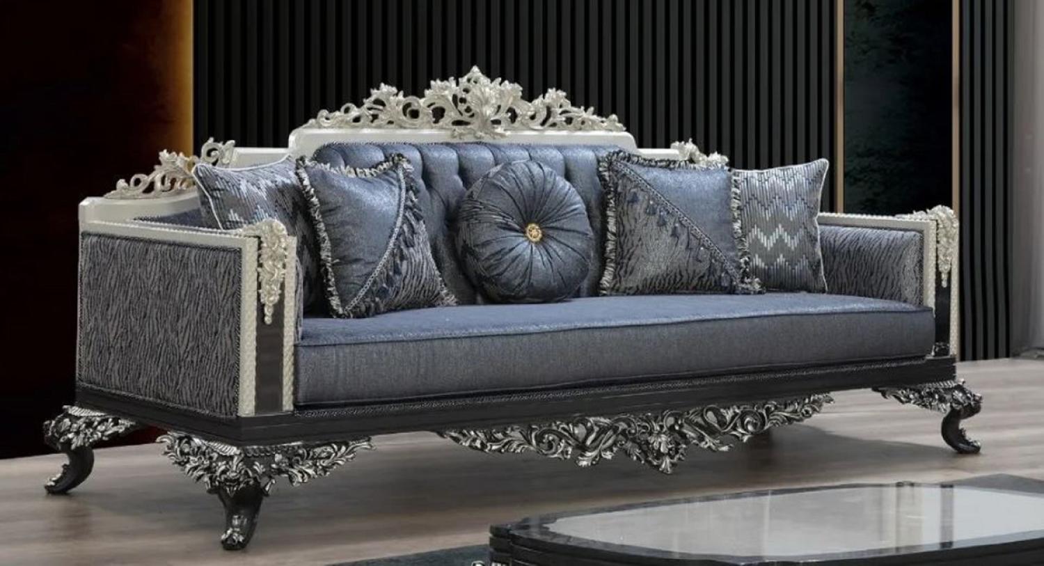 Casa Padrino Luxus Barock Sofa Blau / Grau / Weiß / Schwarz / Silber - Prunkvolles Wohnzimmer Sofa mit elegantem Muster - Barock Wohnzimmer & Hotel Möbel - Edel & Prunkvoll Bild 1