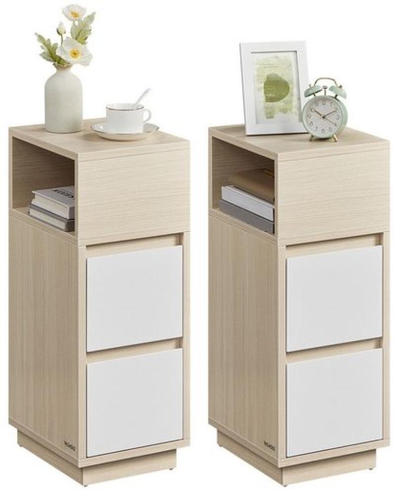 VASAGLE Nachttisch 2er Set, schmal, Beistelltisch mit 2 Schubladen, offenes Fach nach links oder rechts flexibel montierbar, für Schlafzimmer, Wohnzimmer, naturbeige-wolkenweiß LETDE856N01 Bild 1