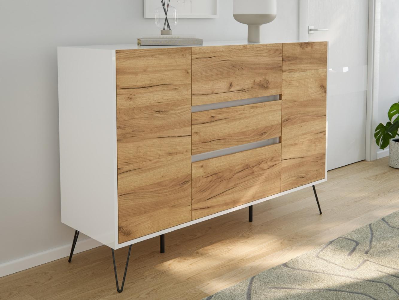 Sideboard Kommode Daro 140cm Greifraum 3 SoftClose 2 Türen Weiß/Eiche Front : Oak Gold / Weiss hochglanz Bild 1