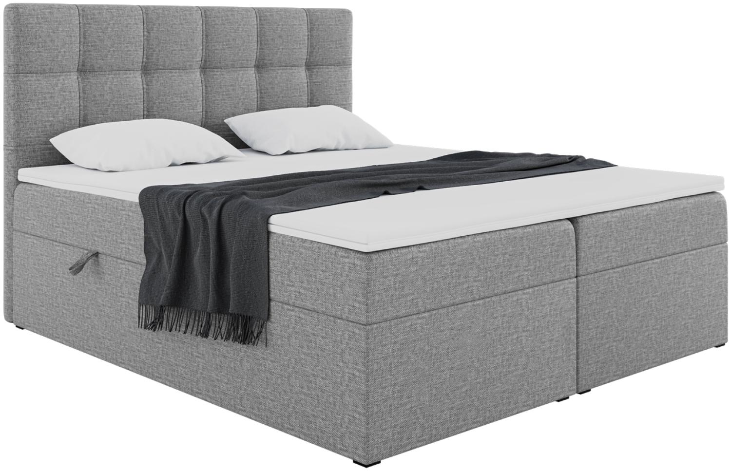 MEBLINI Boxspringbett NILS 140x200 cm mit Bettkasten - H3/Grau Webstoff Polsterbett - Doppelbett mit Topper & Bonellfederkern-Matratze Bild 1