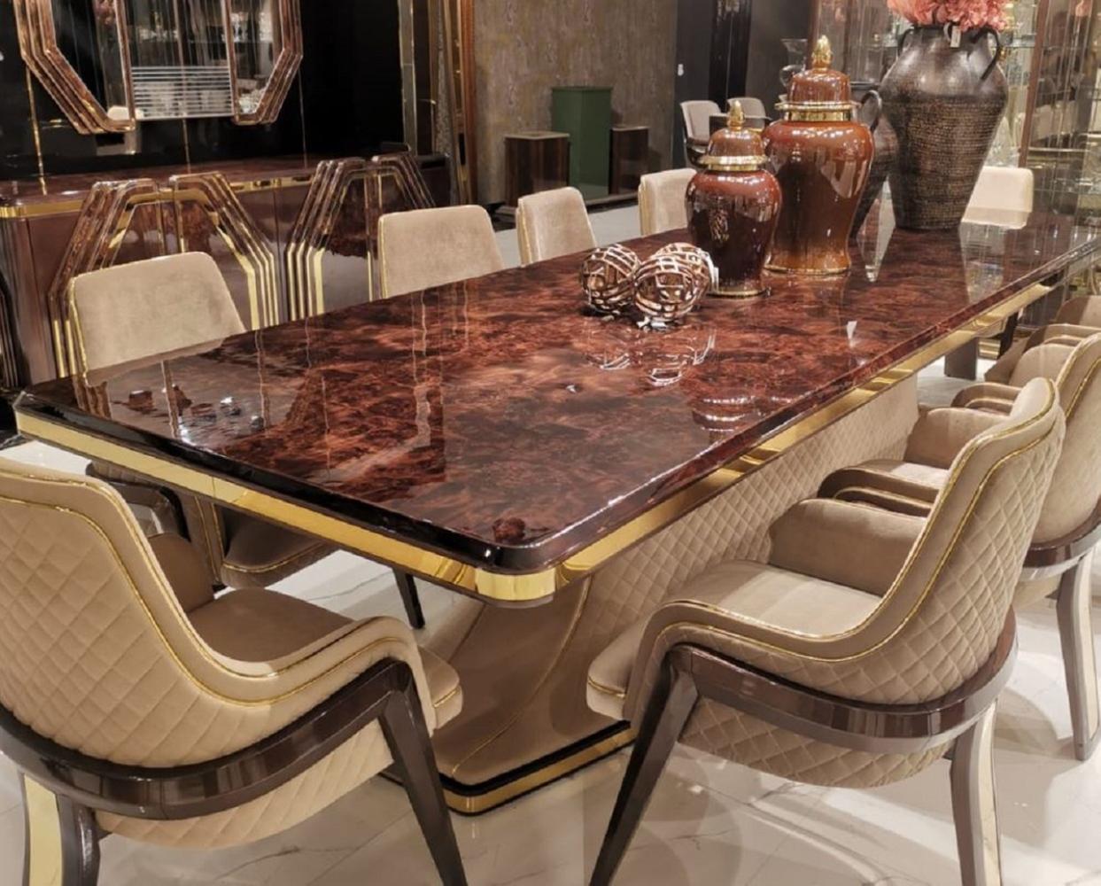 Casa Padrino Luxus Art Deco Esstisch Braun / Beige / Gold 226 x 112 x H. 70 cm - Massivholz Küchentisch mit Tischplatte in Marmoroptik - Esszimmer Möbel - Art Deco Möbel - Luxus Möbel Bild 1