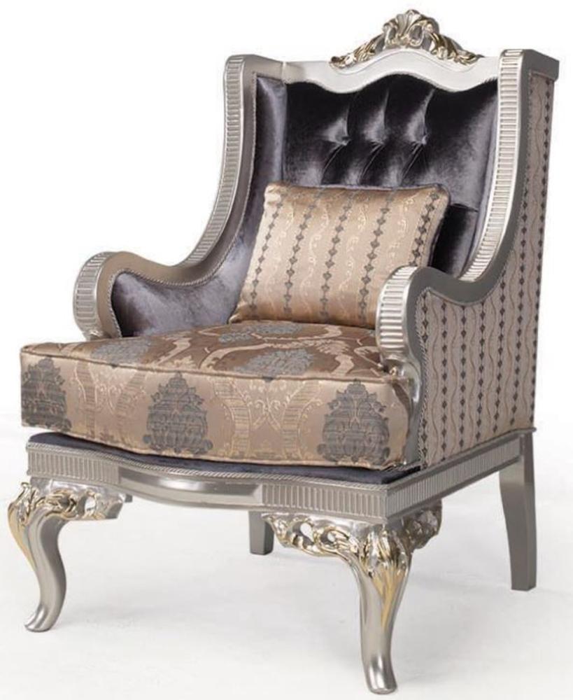Casa Padrino Luxus Barock Wohnzimmer Sessel mit Kissen Lila / Beige / Silber / Gold 86 x 90 x H. 110 cm - Barockmöbel Bild 1