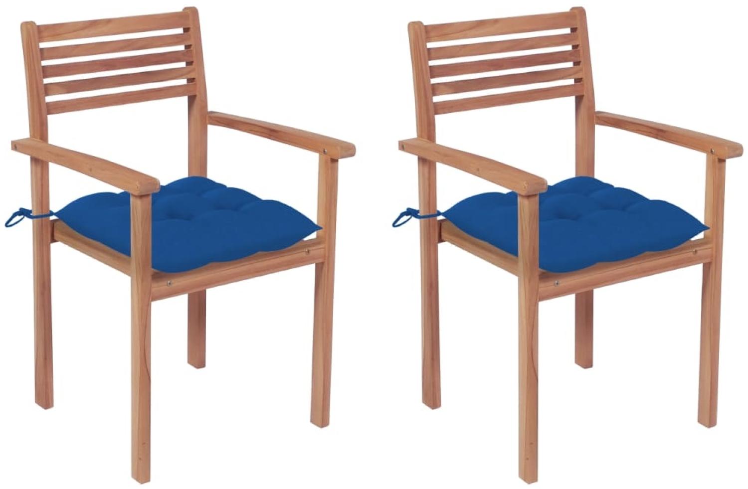 Gartenstühle 2 Stk. mit Blauen Kissen Massivholz Teak Bild 1