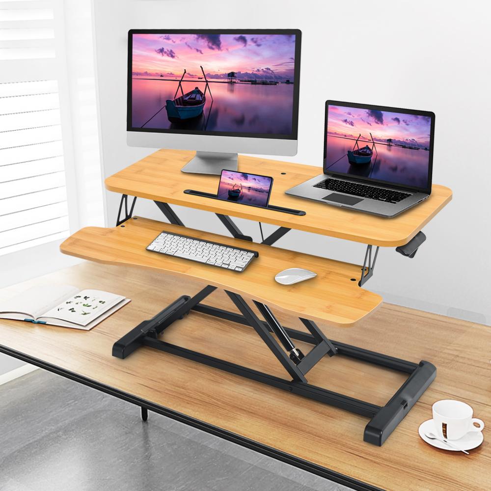 COSTWAY Sitz-Steh-Schreibtisch höhenverstellbar mit Tastaturablage Monitorständer &  Tablet-Halter für Monitor oder Laptop Natur Bild 1