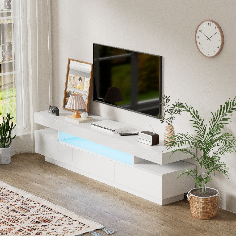 Merax TV-Schrank, Hochglanzlackierung, großer Stauraum, mit farbwechselnder LED-Lichtleiste , Weiß Bild 1