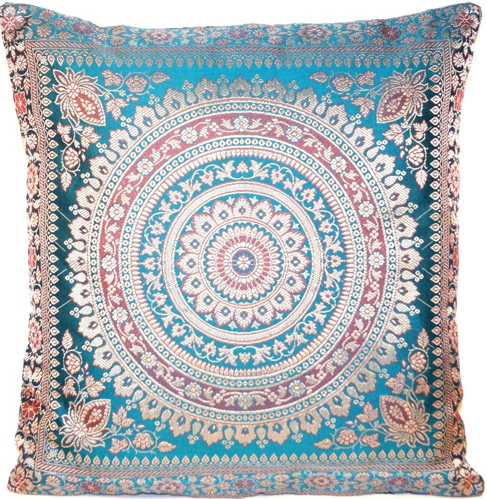 Handgewebter indischer Banarasi Seide Deko-Kissenbezug mit Extravaganten Mandala Design in Türkis-Grün - 40 cm x 40 cm Bild 1