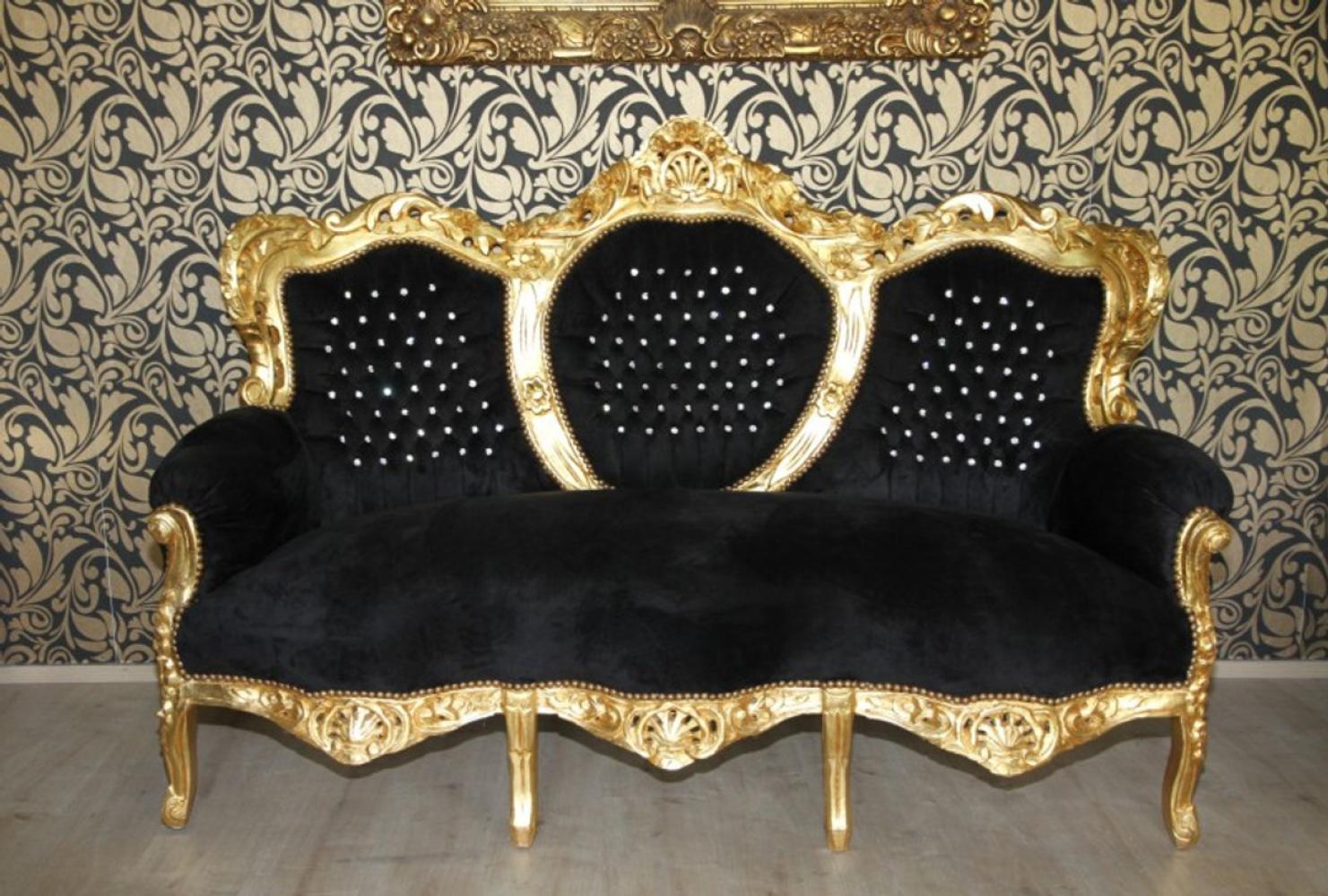 Casa Padrino Barock 3er Sofa "King" Schwarz/Gold mit Bling Bling Glitzersteinen Möbel Bild 1