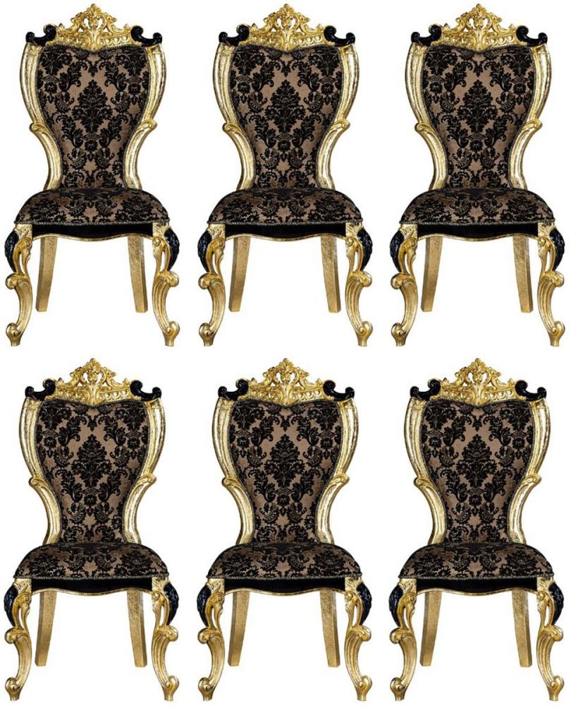 Casa Padrino Luxus Barock Esszimmer Stuhl Set mit elegantem Muster Braun / Schwarz / Gold 60 x 65 x H. 120 cm - Küchen Stühle 6er Set im Barockstil - Barock Esszimmer Möbel Bild 1