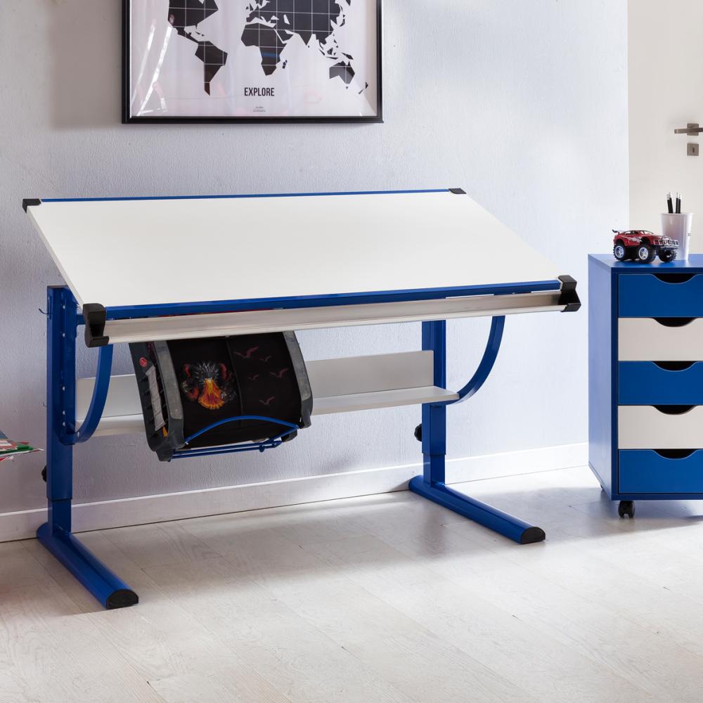 KADIMA DESIGN Schreibtisch KOZI - Höhenverstellbarer Kinderschreibtisch mit neigbarer Tischplatte für gesundes Lernen und Arbeiten. Farbe: Blau Bild 1