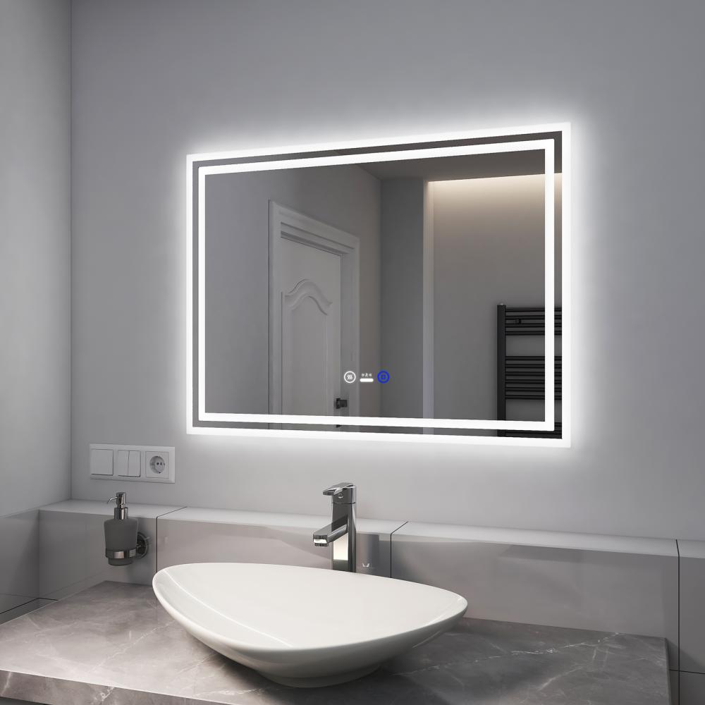 EMKE Badspiegel LED IP44 Wasserdicht, 80x60cm, Kaltweißes/Neutral/Warmweißes Licht Dimmbar, Bewegungssensor,Touchschalter und Beschlagfrei Bild 1