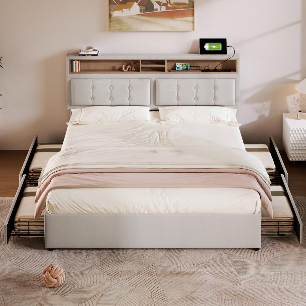 Merax Doppelbett mit 4 Schubladen& USB C Steckdose, Polsterbett 160x200cm, Höhenverstellbarem Kopfteil, Lattenrost aus Holz(Ohne Matratze) , Hellbeige Bild 1