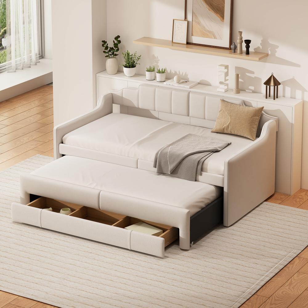 Merax 90 x 200 cm (190 cm) Tagesbett, gepolstertes Einzel-Tagesbett mit Rollcontainer, Tagesbett mit Schubladen, Beige Bild 1