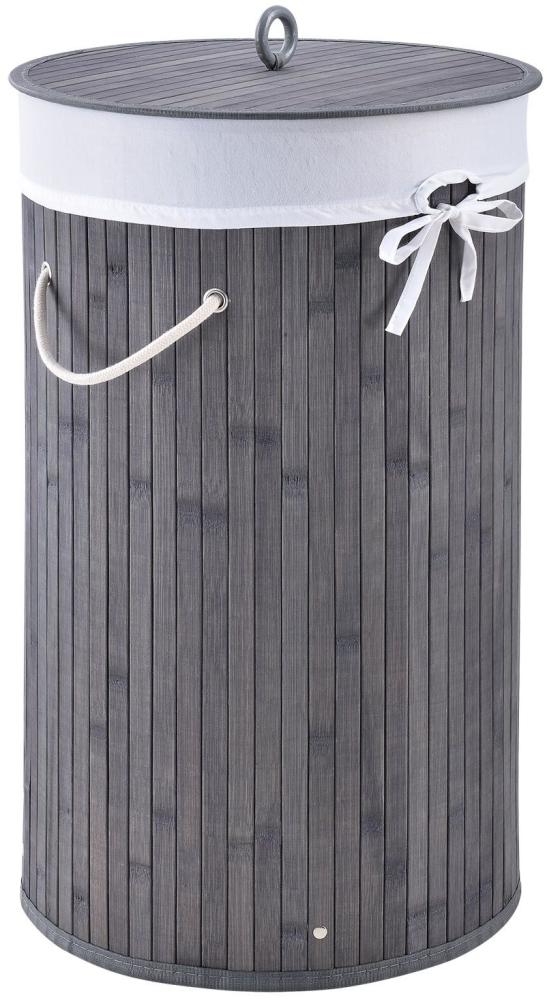 Juskys Bambus Wäschekorb Curly-Round – 55 Liter Volumen – Wäschesammler mit Deckel, Tragegriffen & Stoff Wäschesack – 1 Fach Wäschebox – in Grau Bild 1
